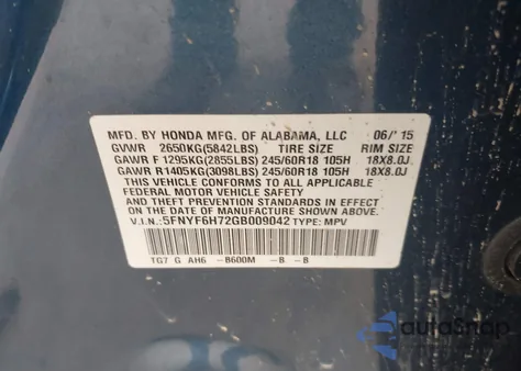 2016 Honda Pilot Ex-L z USA, uszkodzony, nr VIN 5FNYF6H72GB009042